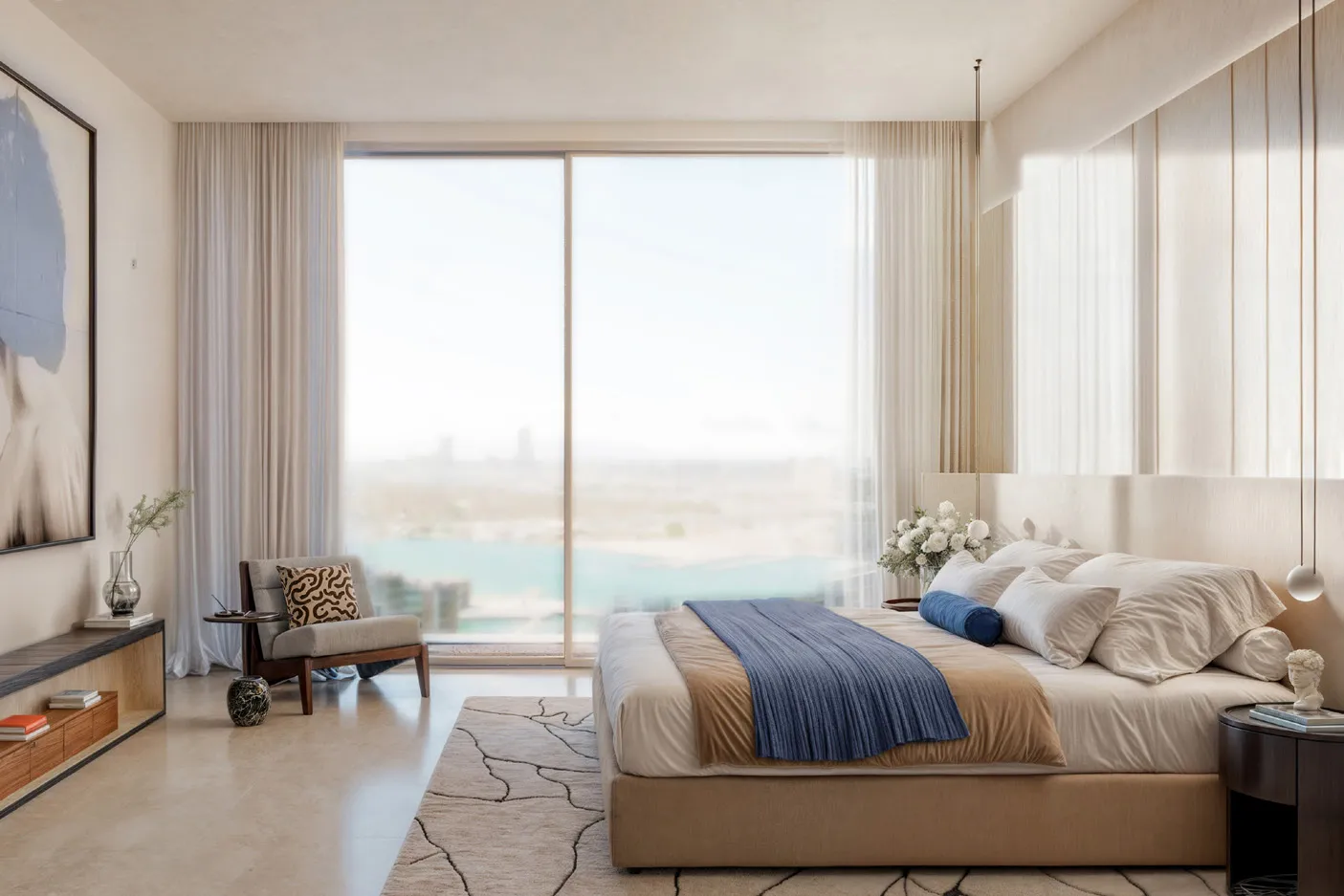 Calm bedroom with a large window looking out over water