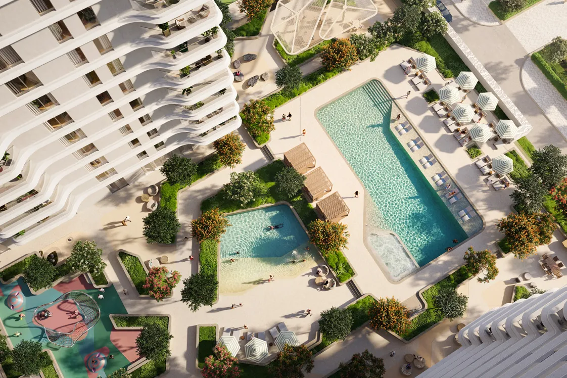 Aerial view of the podium lap pool, children's pool and play area