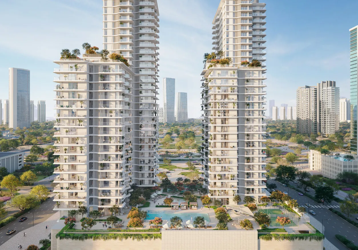 Aerial view of both towers, podium pool and the green Reem Island surroundings