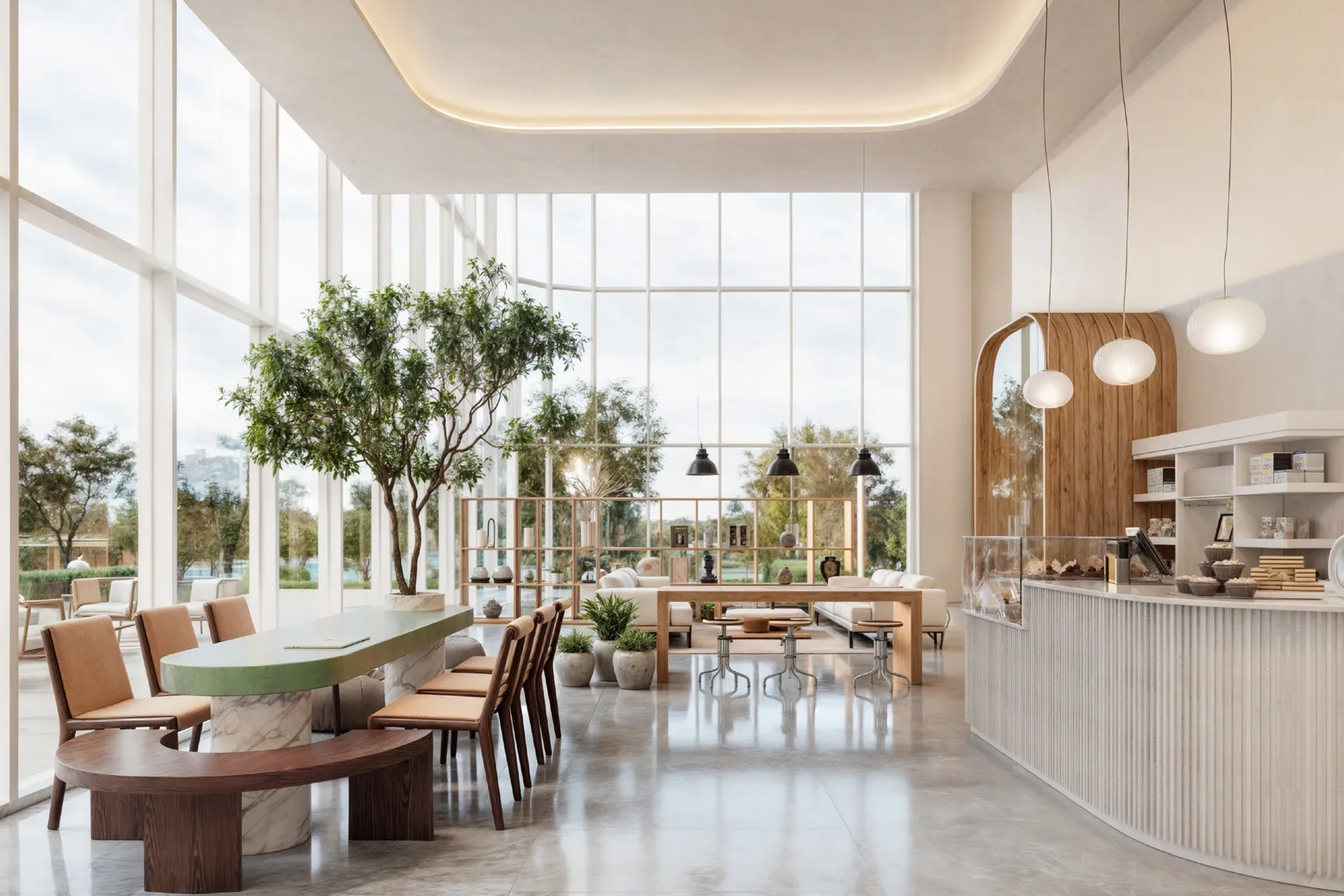 Tall glass-walled lounge with a long table, a tree and garden views