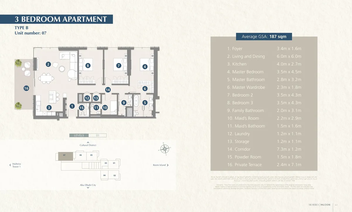 Floor plans: 3 bedrooms, with a maid's room